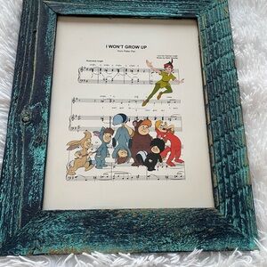 Disney Peter Pan Song Art Framed teal barnwood Set of 3 pictures. New!